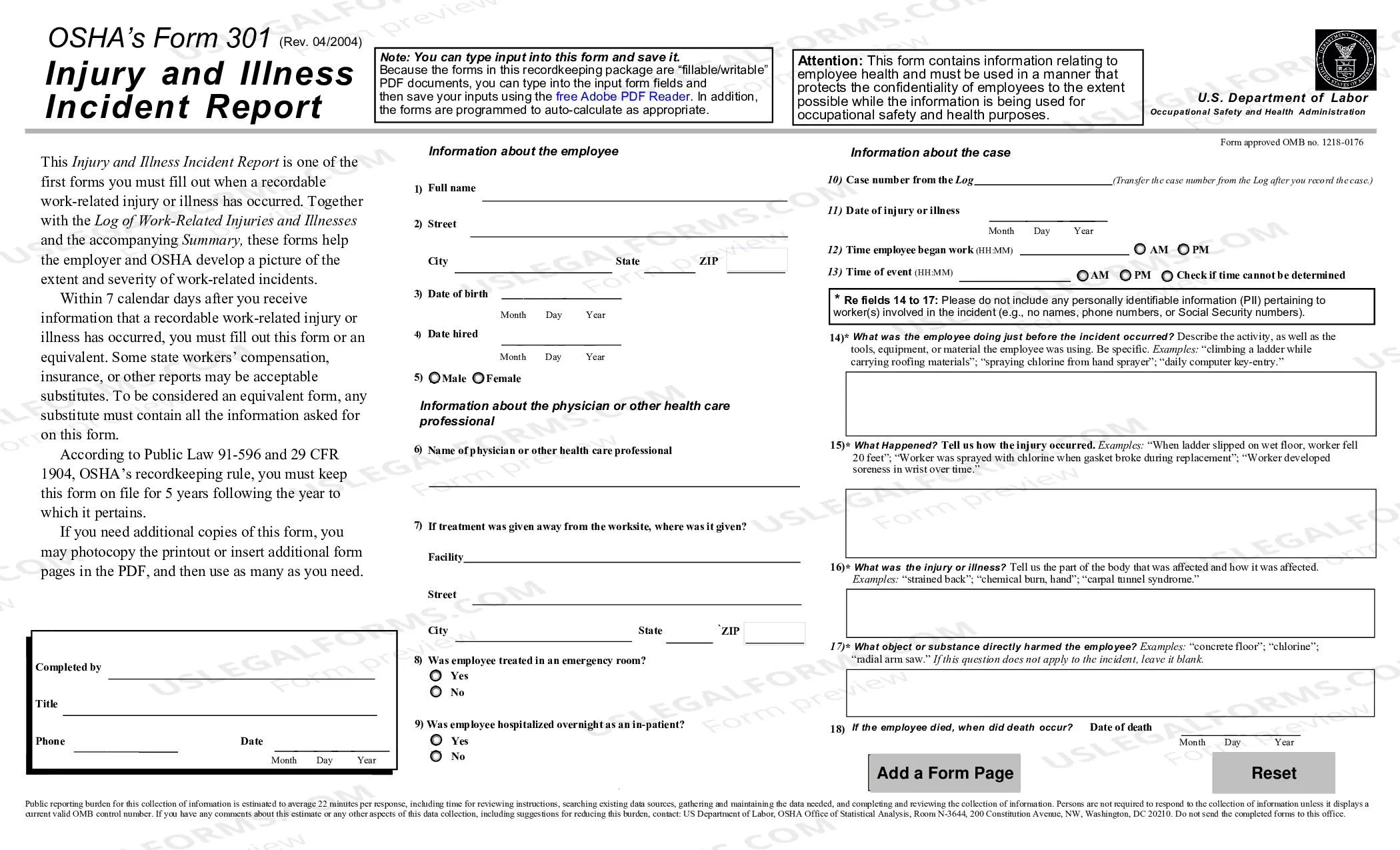 Preview OSHA Forms for Recording Work-Related Injuries and Illnesses