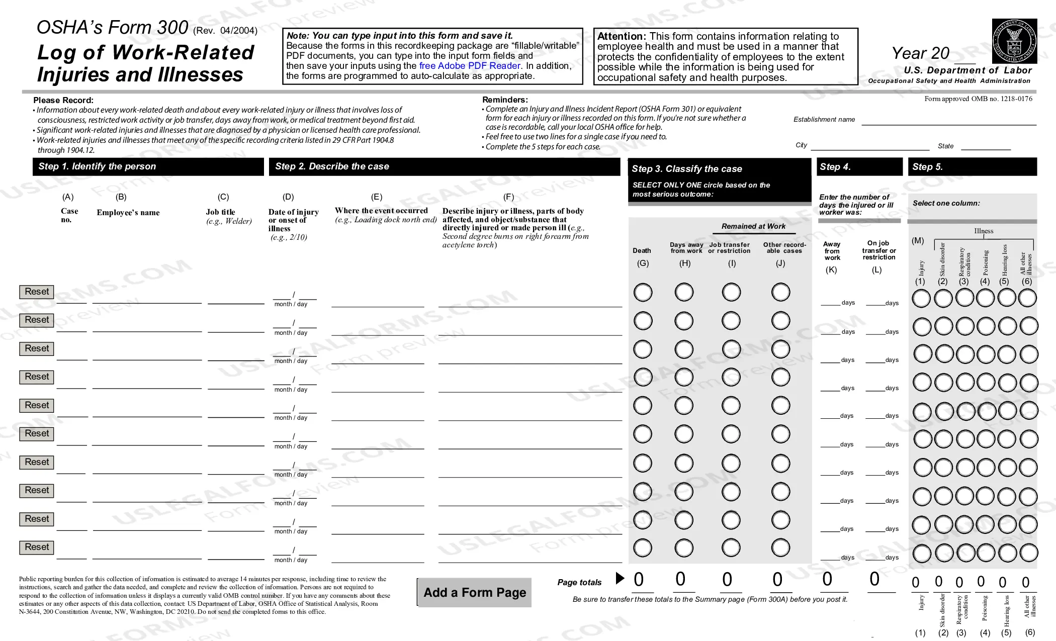 Preview OSHA Forms for Recording Work-Related Injuries and Illnesses