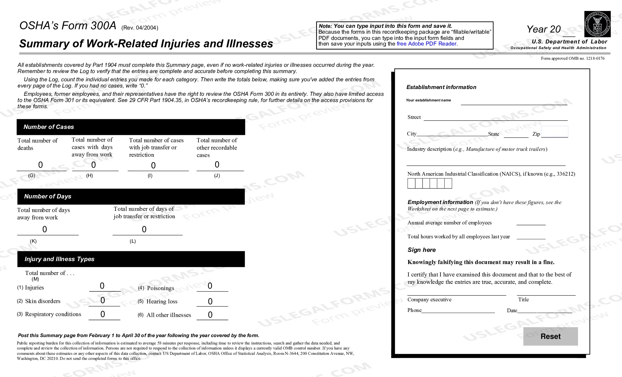 Preview OSHA Forms for Recording Work-Related Injuries and Illnesses