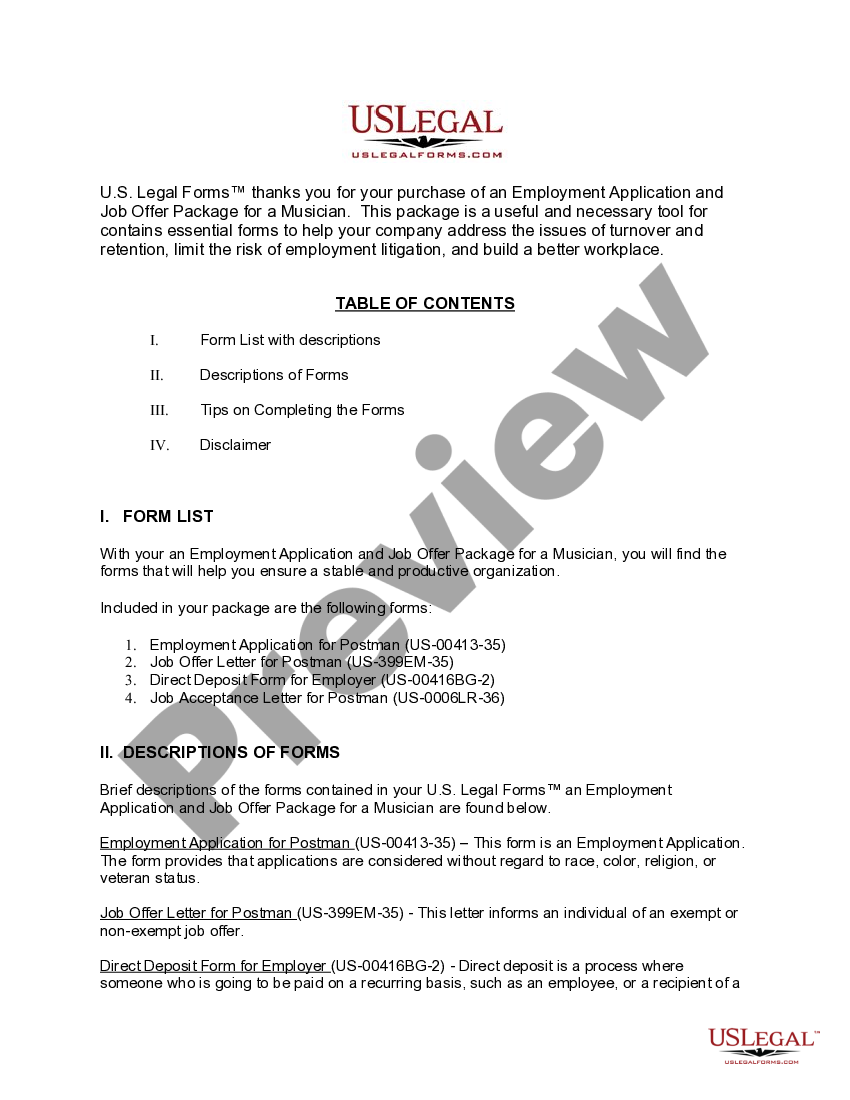 Employment Application and Job Offer Package for a Postman US Legal Forms