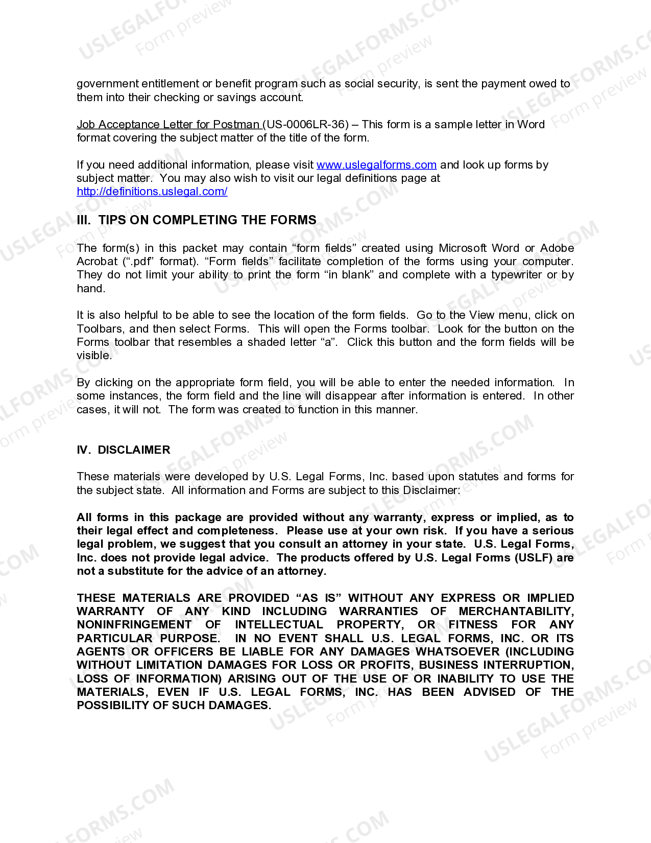 Employment Application and Job Offer Package for a Postman US Legal Forms