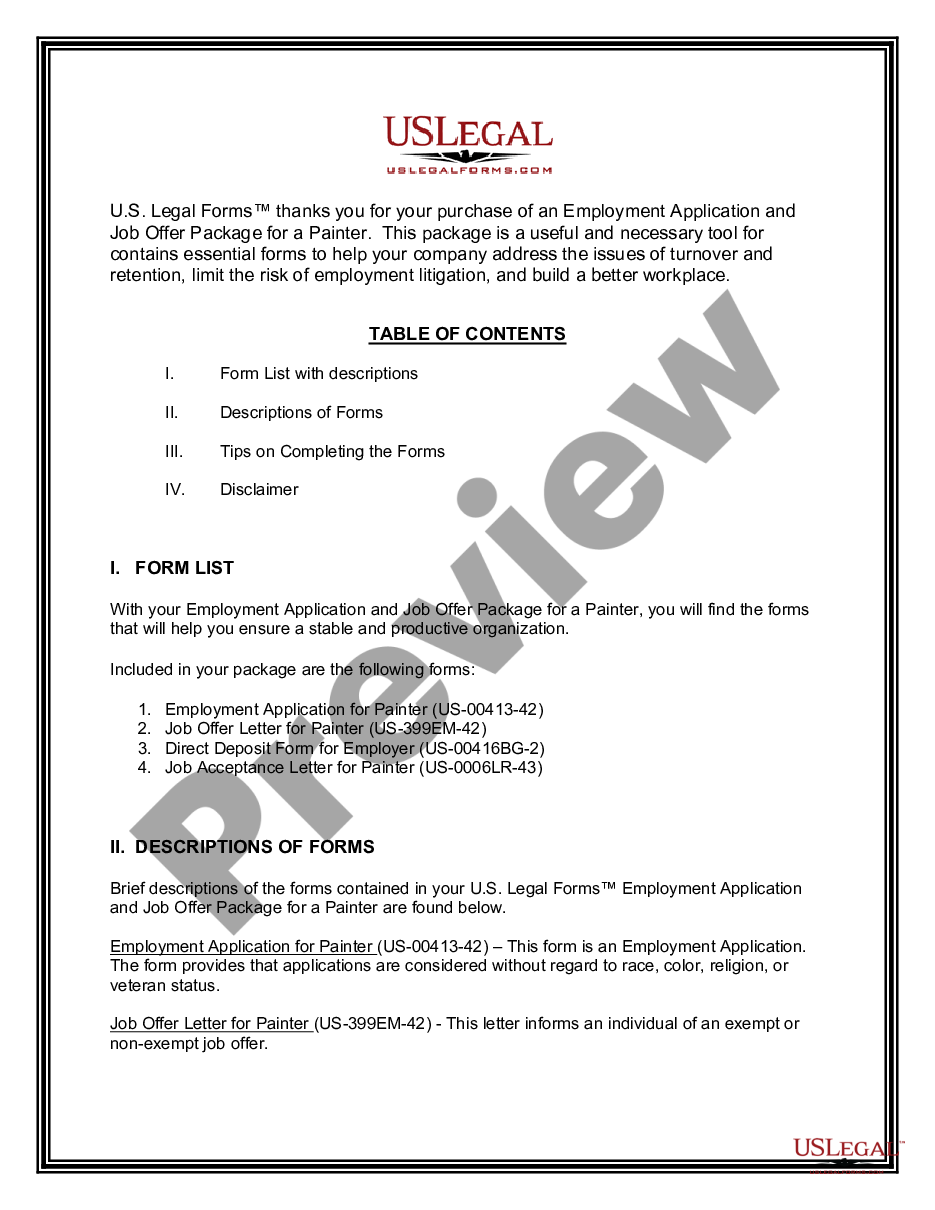 page 1 Employment Application and Job Offer Package for a Painter preview