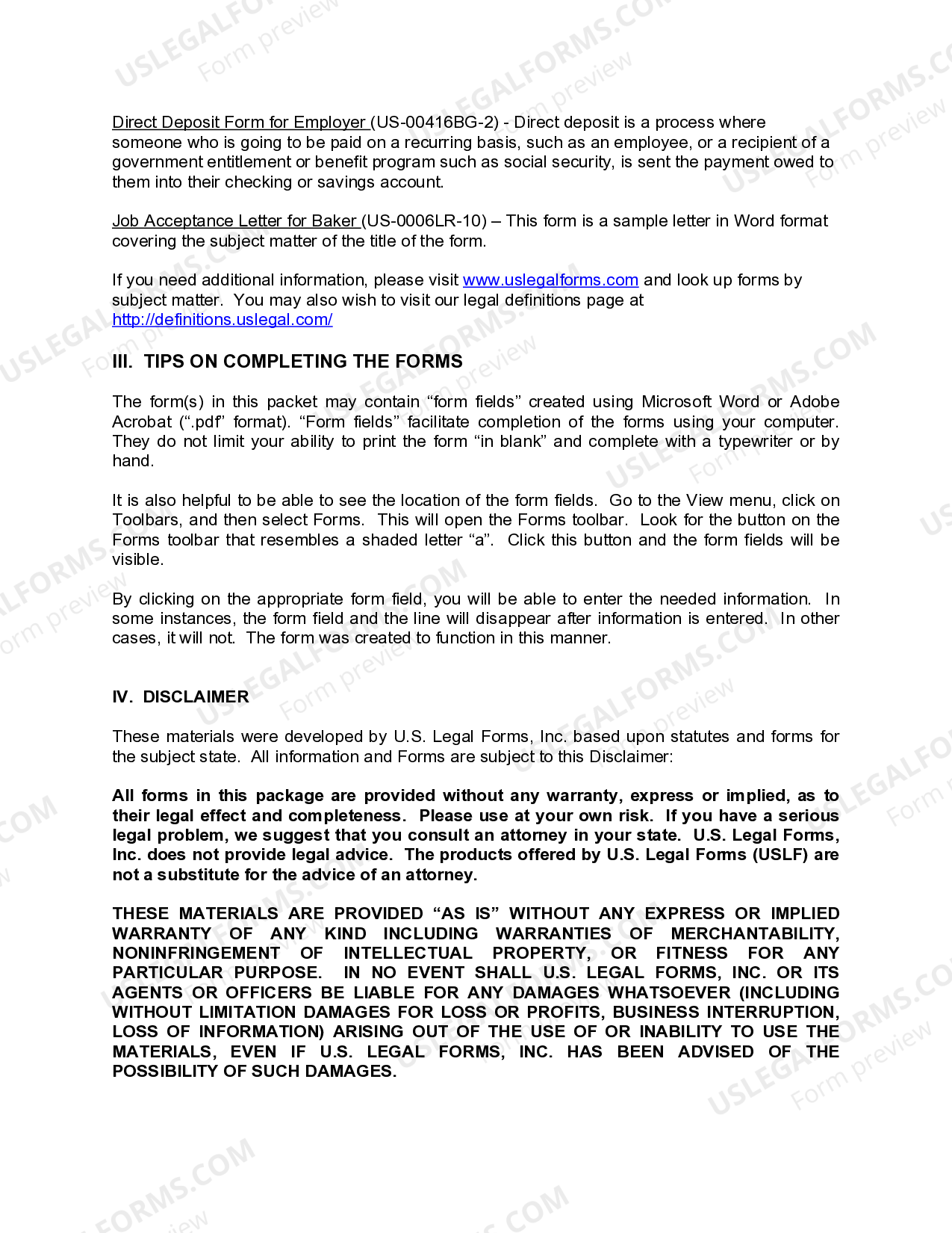 Employment Application and Job Offer Package for a Baker Employment