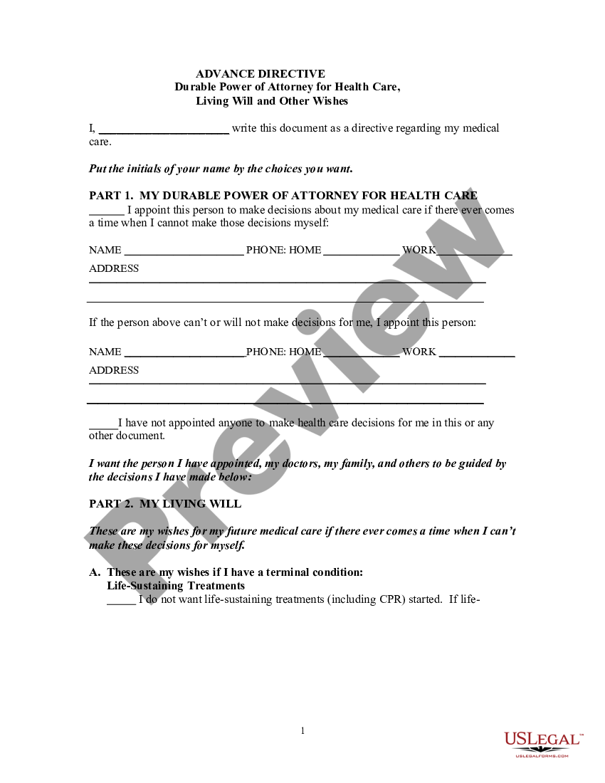 USLegal Forms Library - Advance Directive - Durable Power of Attorney