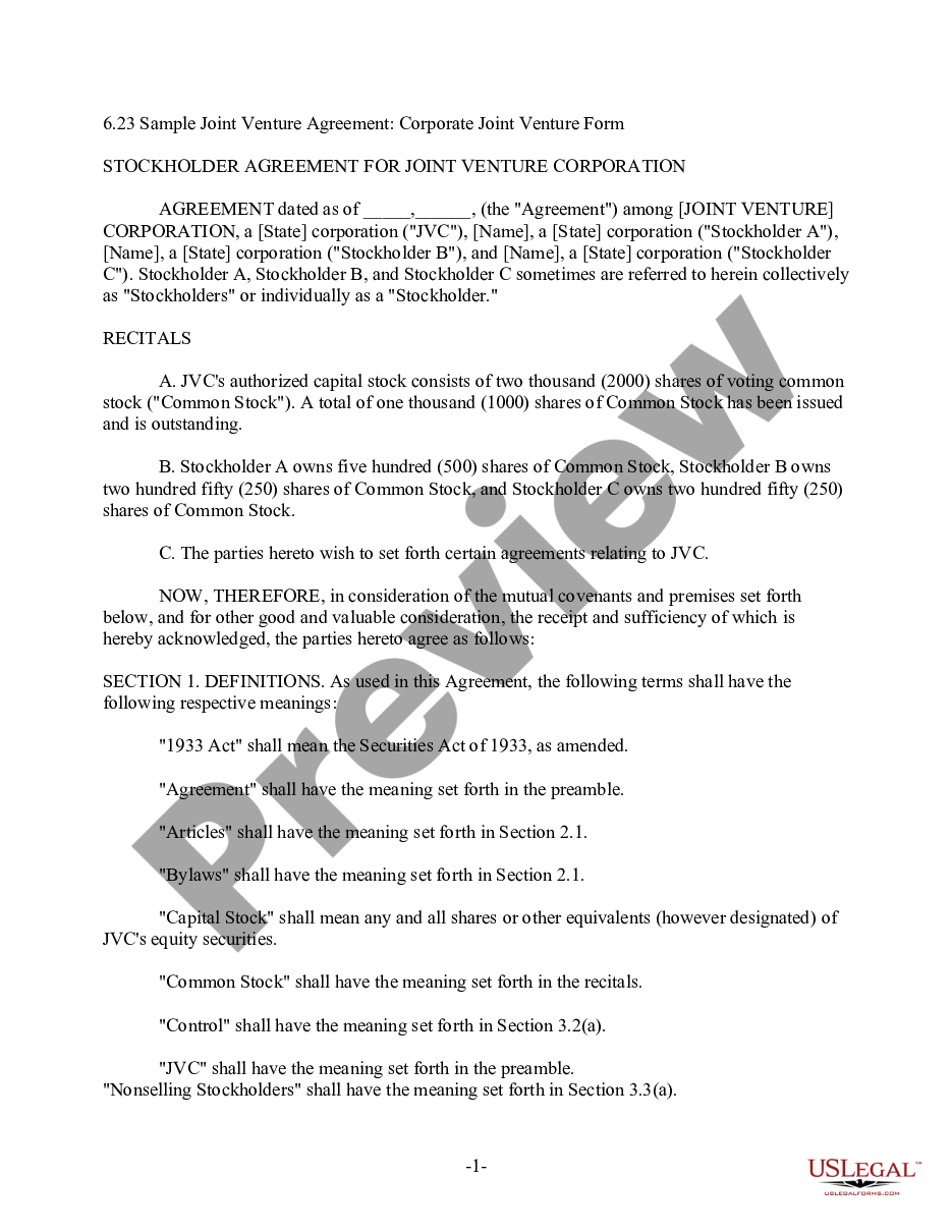 page 0 Sample Joint Venture Agreement - Corporate Joint Venture Form preview