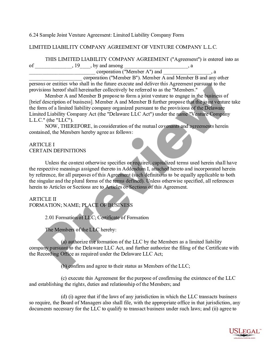 page 0 Sample Joint Venture Agreement - Limited Liability Company LLC Form preview