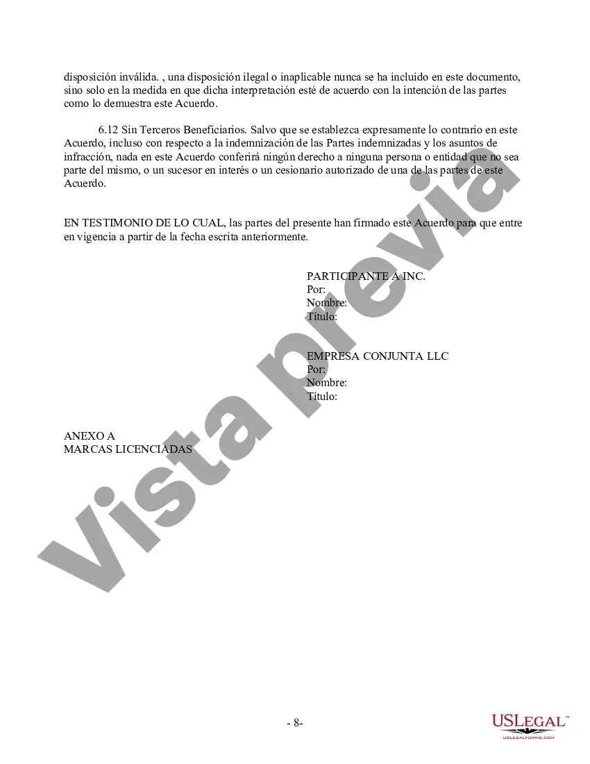 Preview Acuerdo de licencia de marca comercial libre de regalías para licenciar las marcas comerciales de un participante de empresa conjunta a la empresa conjunta