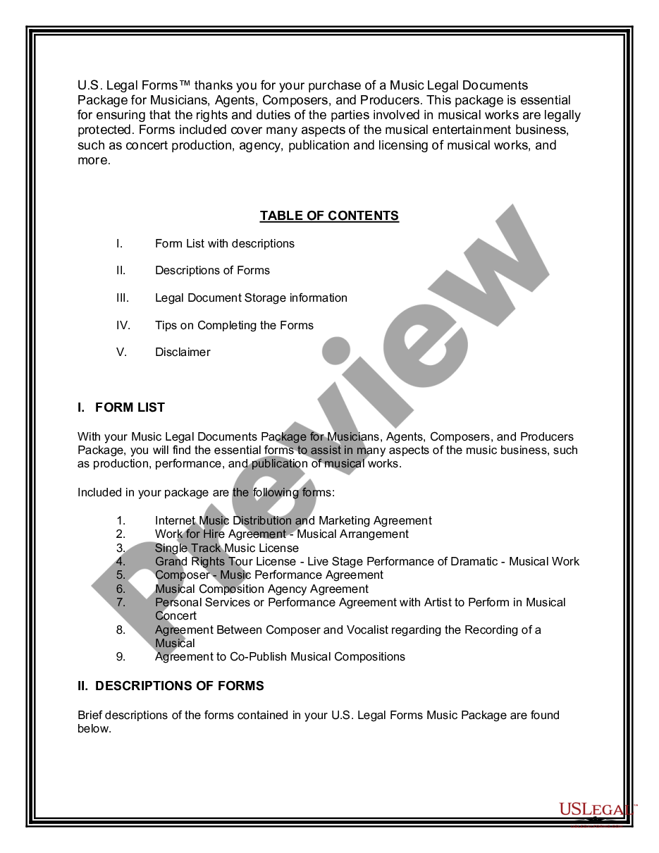 page 1 Music Legal Documents Package for Musicians, Agents, Composers, and Producers preview