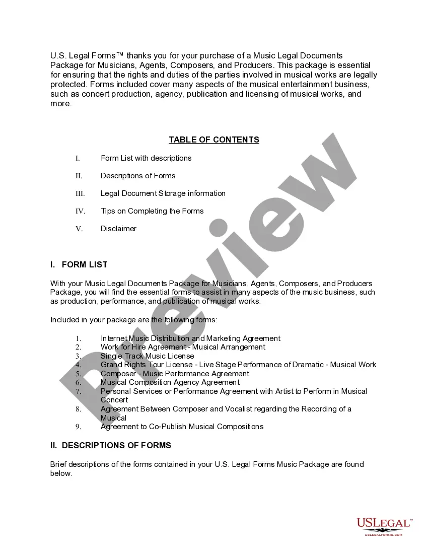 Get Music Legal Documents Package for Musicians, Agents, Composers, and Producers Preview Music Legal Documents Package for Musicians, Agents, Composers, and Producers
