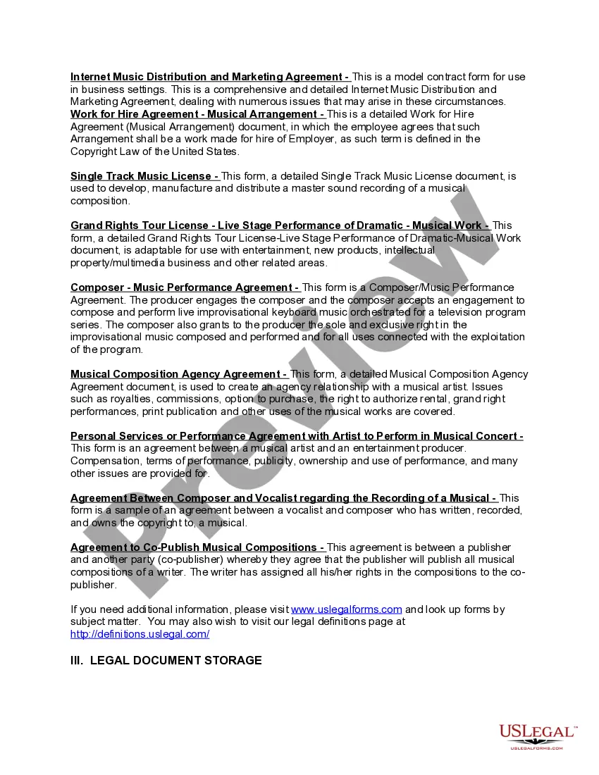 Get Music Legal Documents Package for Musicians, Agents, Composers, and Producers Preview Music Legal Documents Package for Musicians, Agents, Composers, and Producers