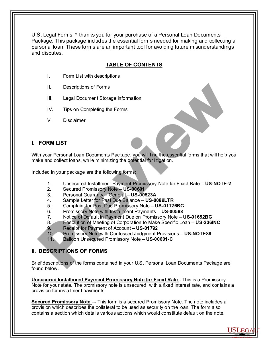 page 1 Personal Loan Agreement Document Package preview