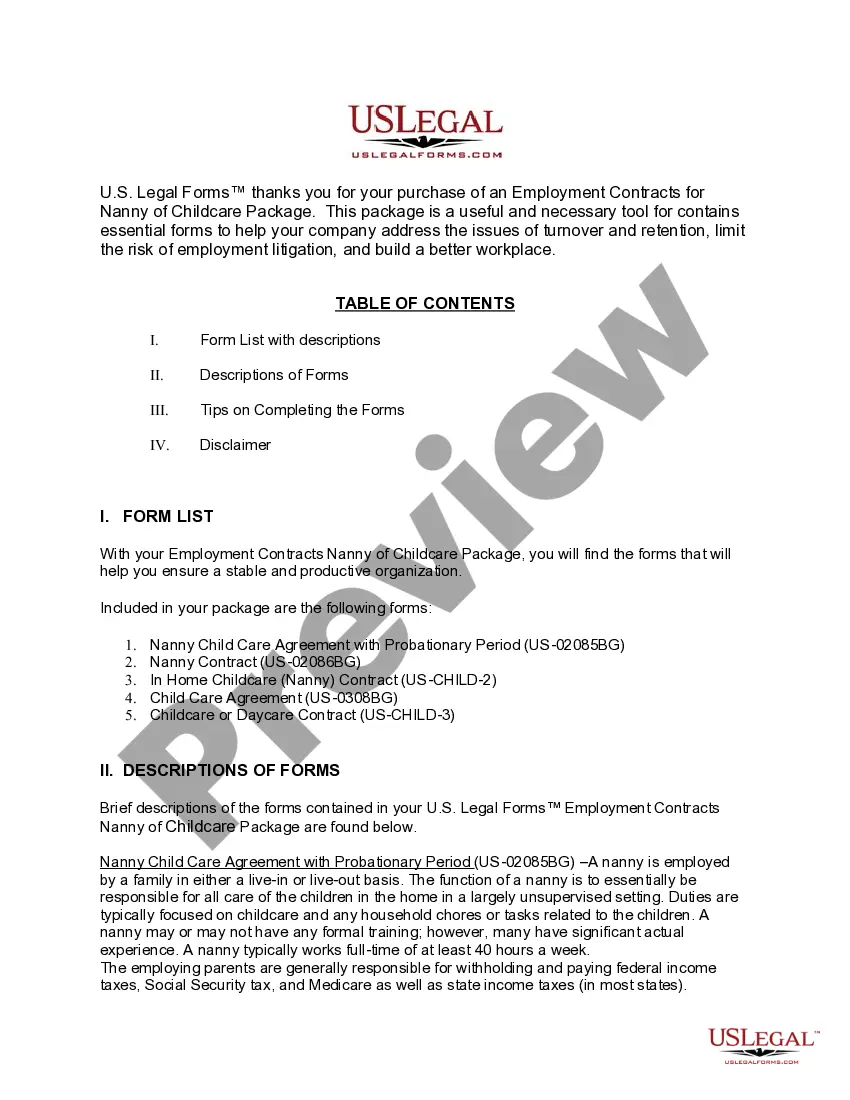 Get Employment Contracts for Nanny or Childcare Package Preview Employment Contracts for Nanny or Childcare Package