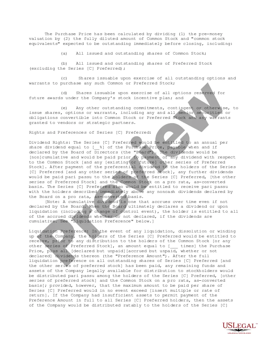Get Form - Term Sheet for Series C Preferred Stock Preview Form - Term Sheet for Series C Preferred Stock