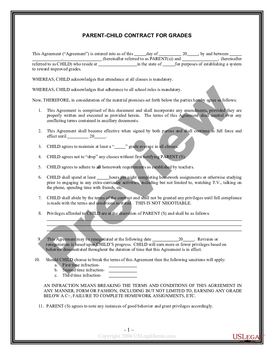 Parent Child Contract For Grades Agreement Grades High School Contract Us Legal Forms