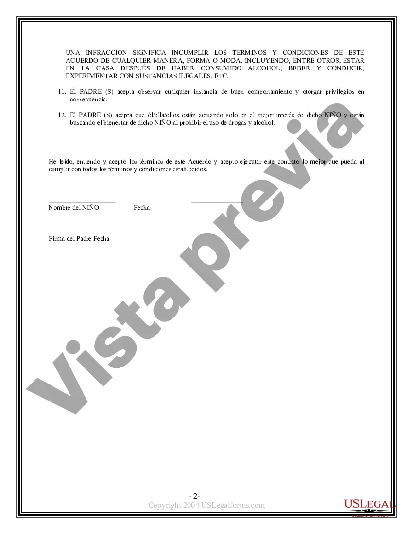 Preview Contrato entre padres e hijos para la concientización sobre el alcohol y las drogas