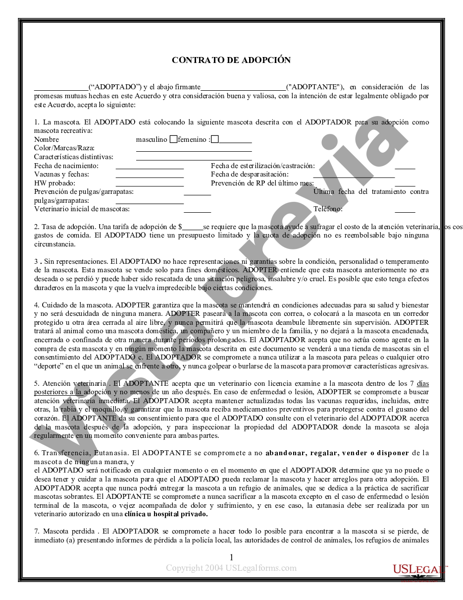 Kings New York Contrato de Adopción de Mascotas | US Legal Forms