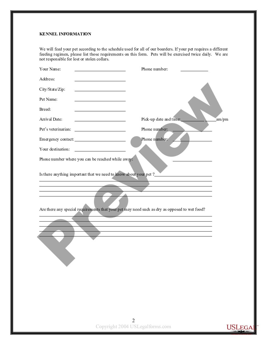 Texas Pet Boarding Agreement Dog Boarding Contracts US Legal Forms