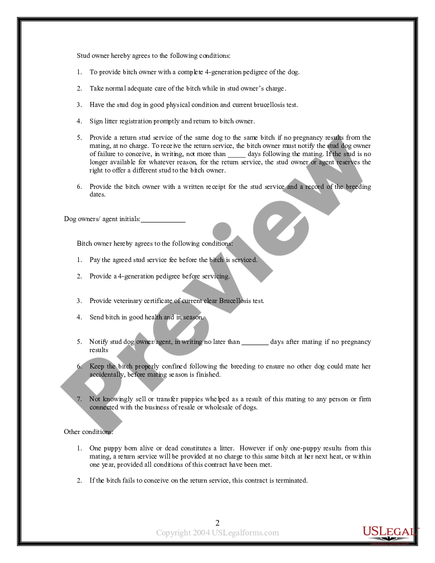 Pet Breeding - Canine Stud Contract - Dog Stud Contracts | US Legal Forms