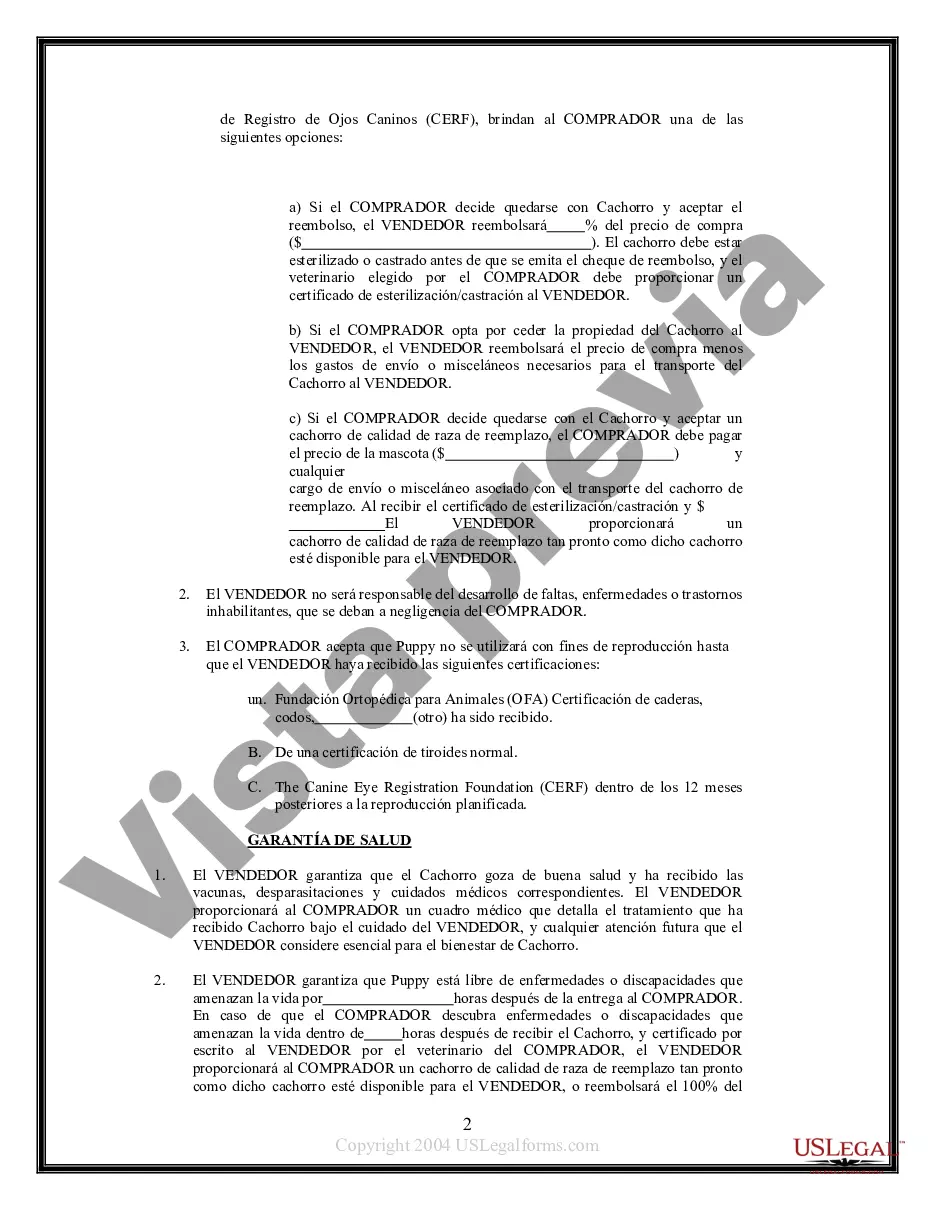 Exposición o Contrato de Calidad de Cría - Venta Canina - Certificado De  Esterilización Canina | US Legal Forms