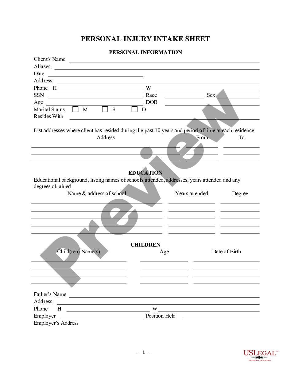 page 0 Personal Injury Intake Sheet preview