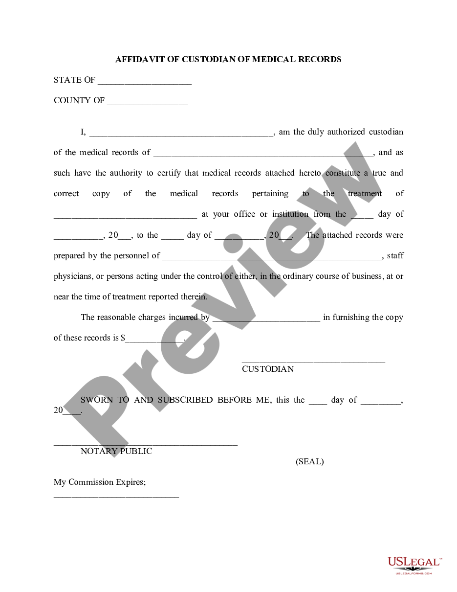 form Affidavit of Custodian of Medical Records preview