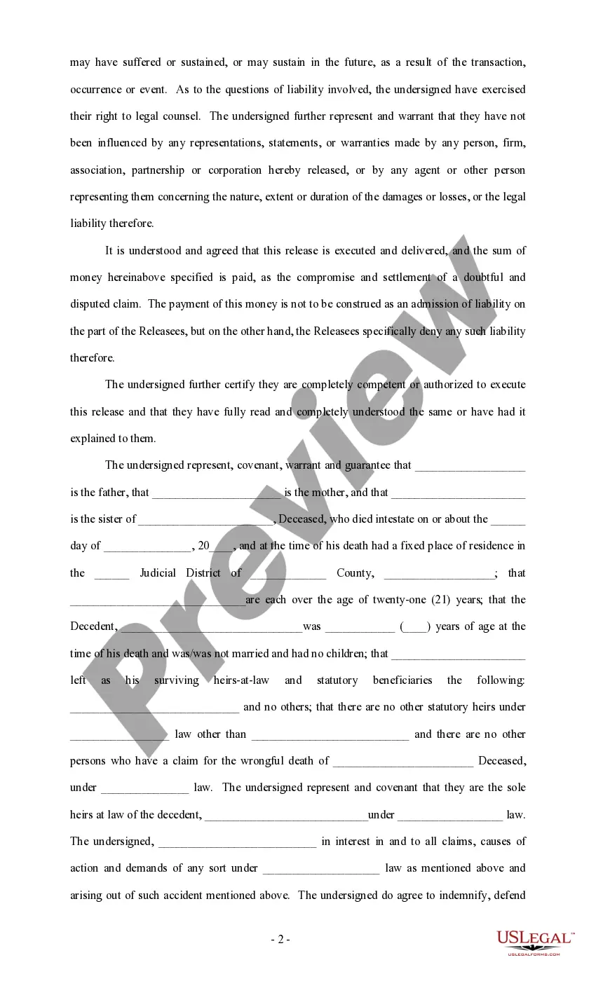Get Absolute Release with Covenants regarding wrongful death Preview Absolute Release with Covenants regarding wrongful death