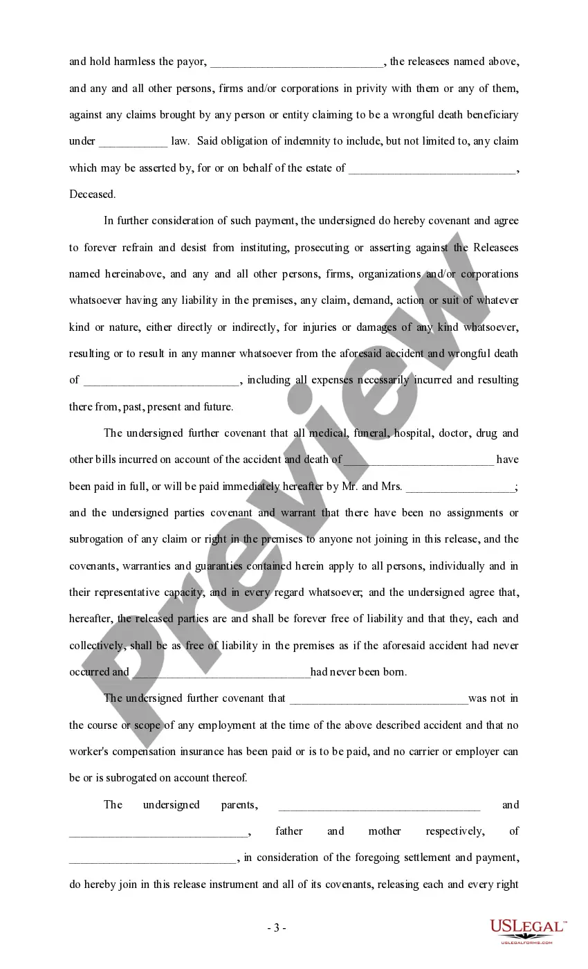 Get Absolute Release with Covenants regarding wrongful death Preview Absolute Release with Covenants regarding wrongful death