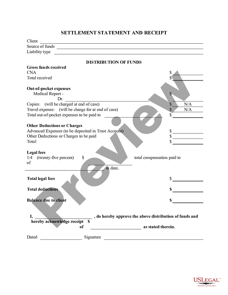 form Settlement Statement of Personal Injury Case and Receipt preview
