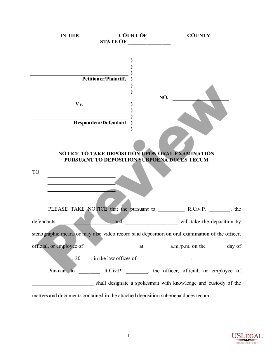 page 0 Notice to Take Deposition Subpoena Duces Tecum preview