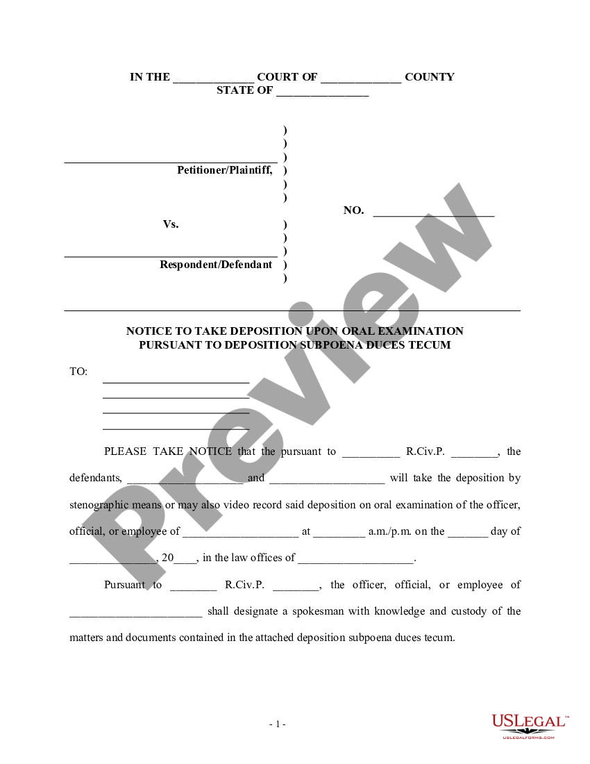 Chicago Illinois Notice to Take Deposition Subpoena Duces Tecum US