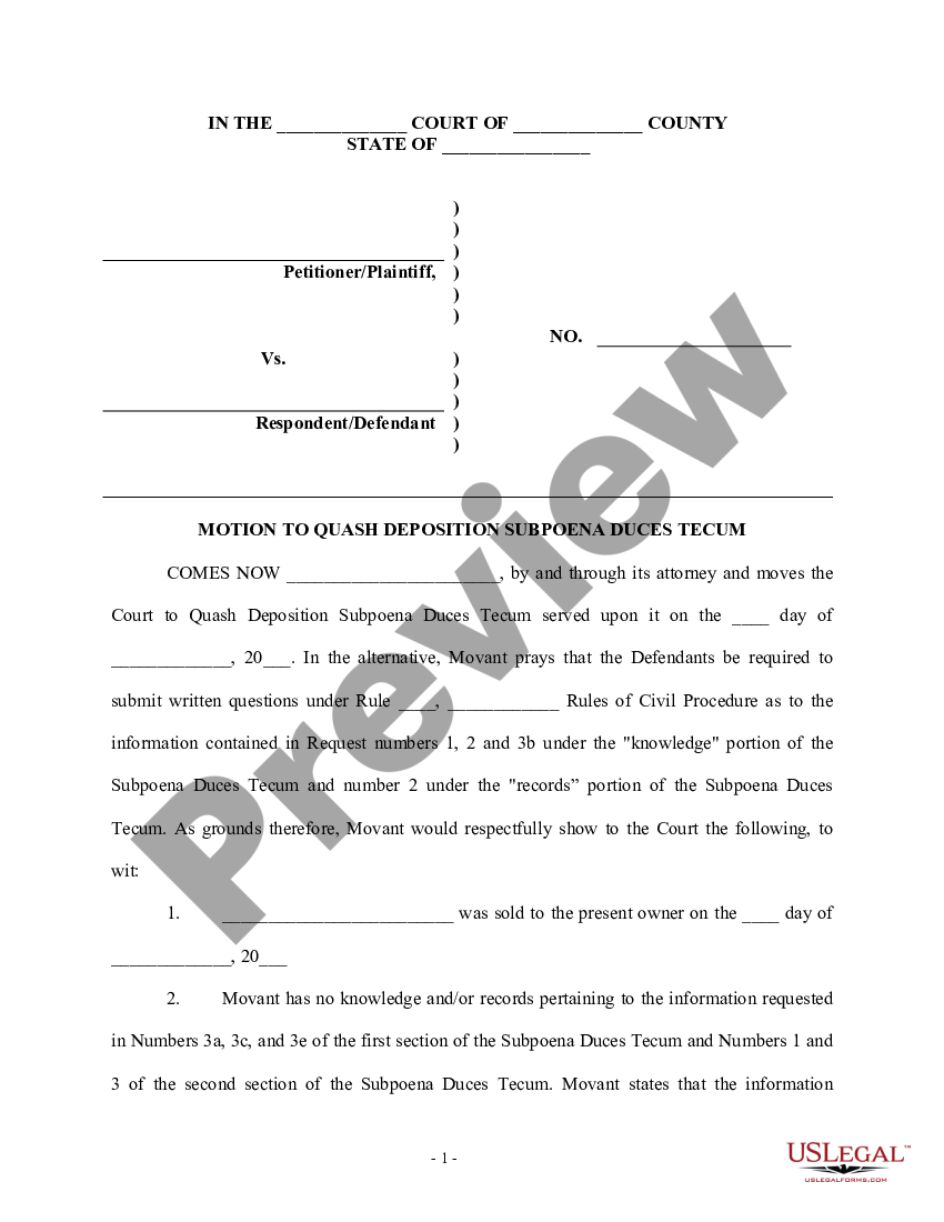 Motion to Quash Deposition Subpoena Duces Tecum Quash Subpoena Pdf