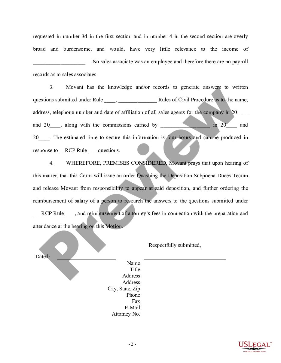page 1 Motion to Quash Deposition Subpoena Duces Tecum preview