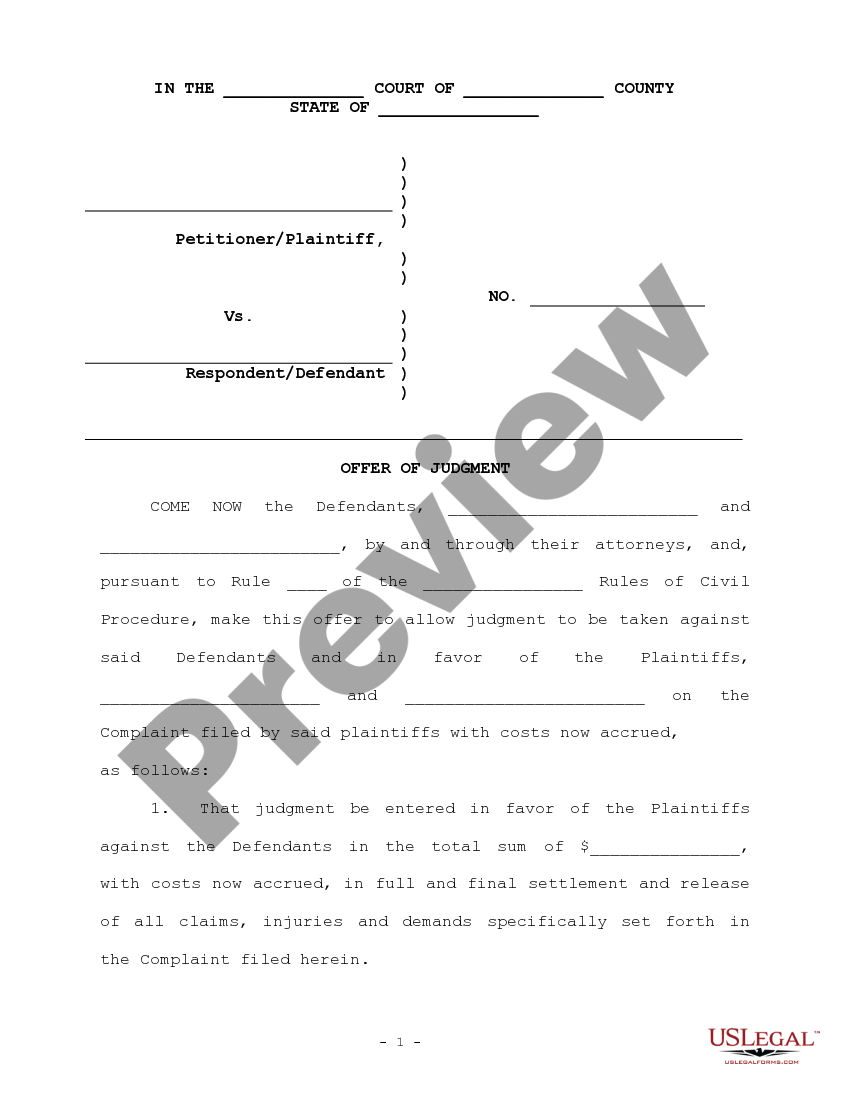 Offer of Judgment Personal Injury Sample Offer Of Judgment Missouri