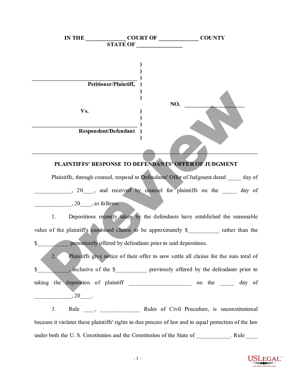 page 0 Plaintiff's Response to Defendants' Offer of Judgment preview