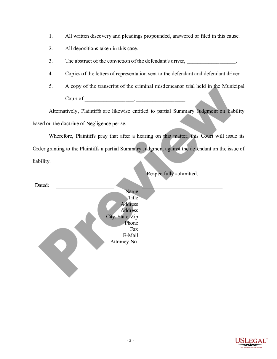 page 1 Motion for Partial Summary Judgment on the Issue of Liability preview