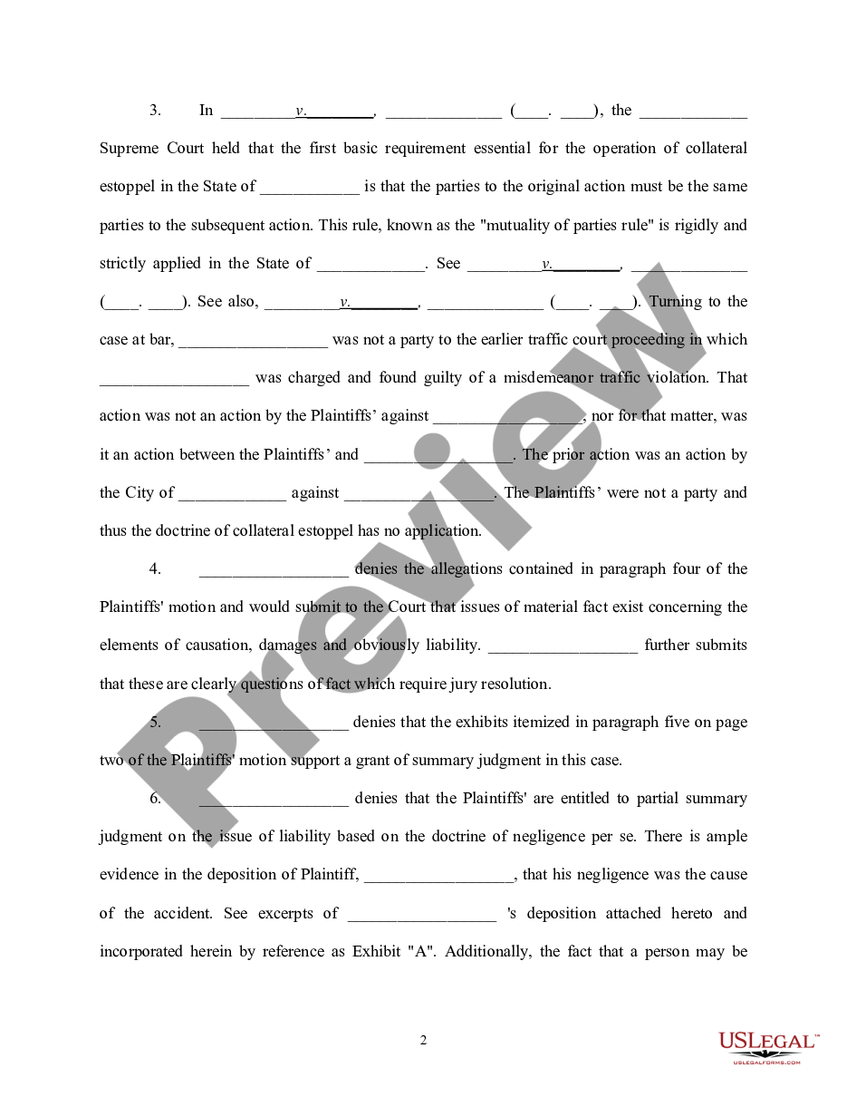 form Defendant's Response to Plaintiff's Motion for Summary Judgment on the Issue of Liability preview
