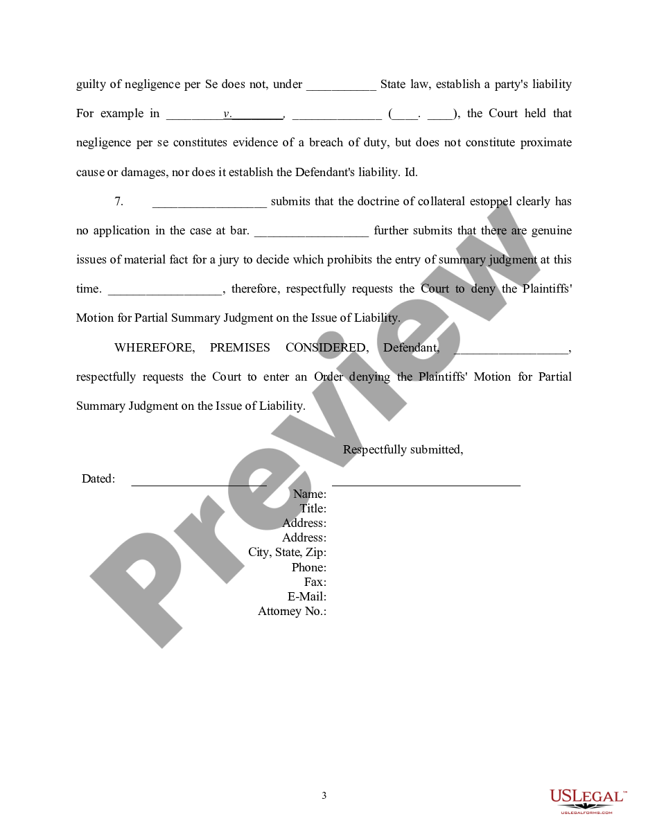 form Defendant's Response to Plaintiff's Motion for Summary Judgment on the Issue of Liability preview