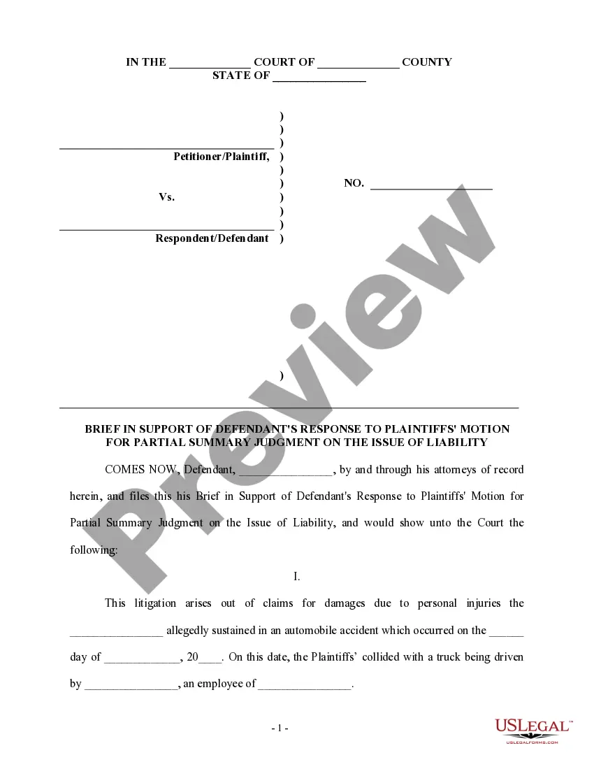 Preview Brief in Support of Defendant's Responses to Plaintiff's Motion for Summary Judgment on the Issue of Liability