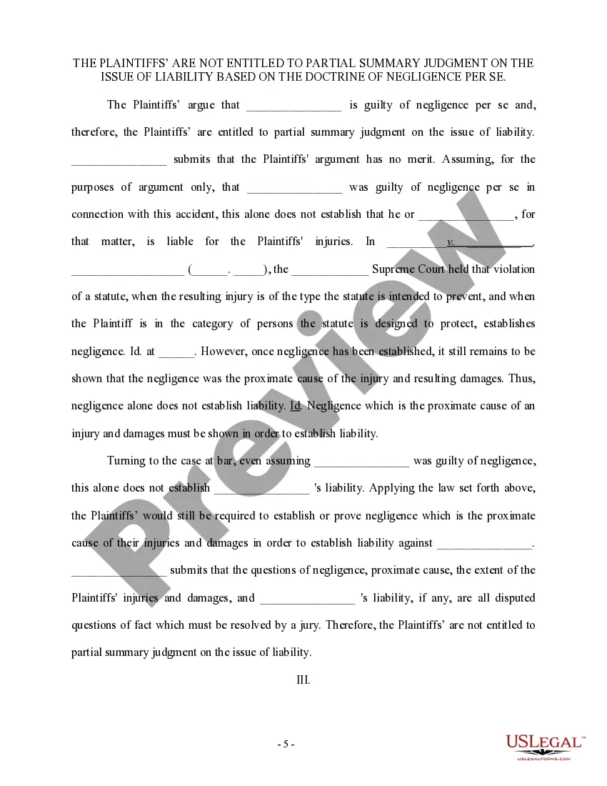 Get Brief in Support of Defendant's Responses to Plaintiff's Motion for Summary Judgment on the Issue of Liability Preview Brief in Support of Defendant's Responses to Plaintiff's Motion for Summary Judgment on the Issue of Liability