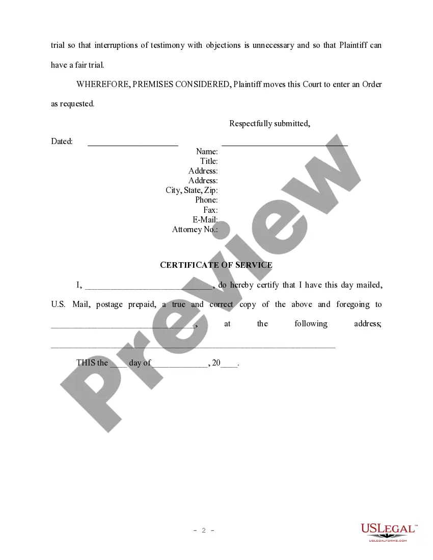 Get Motion in Limine - Civil Trial Preview Motion in Limine - Civil Trial