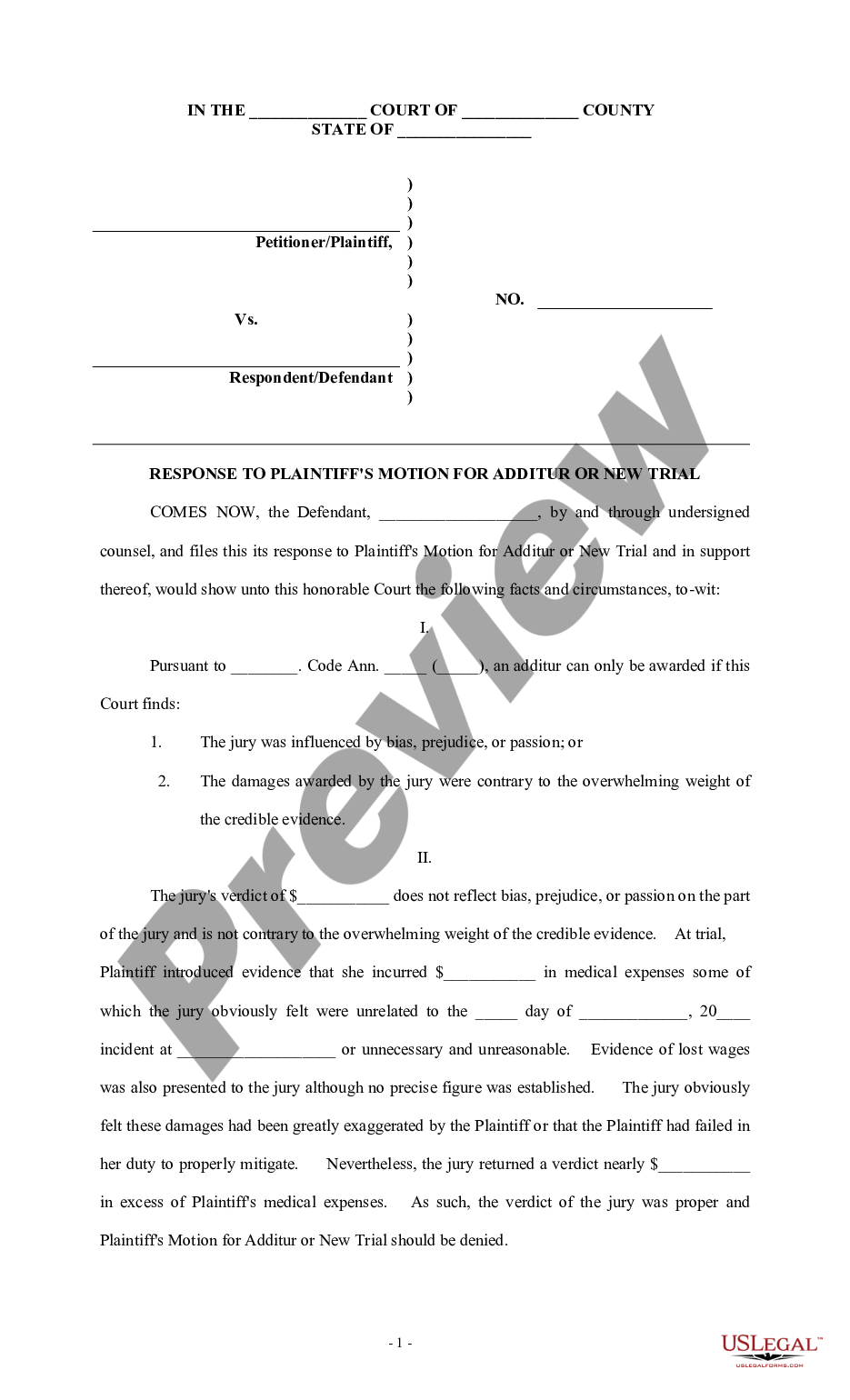 form Response to Plaintiff's Motion for Additur or New Trial preview