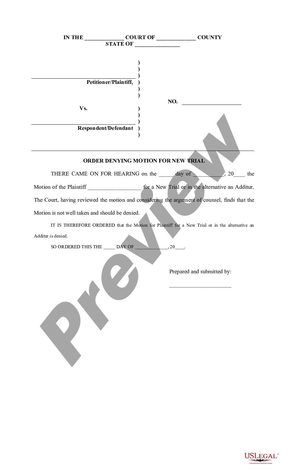 form Order Denying Motion for New Trial preview