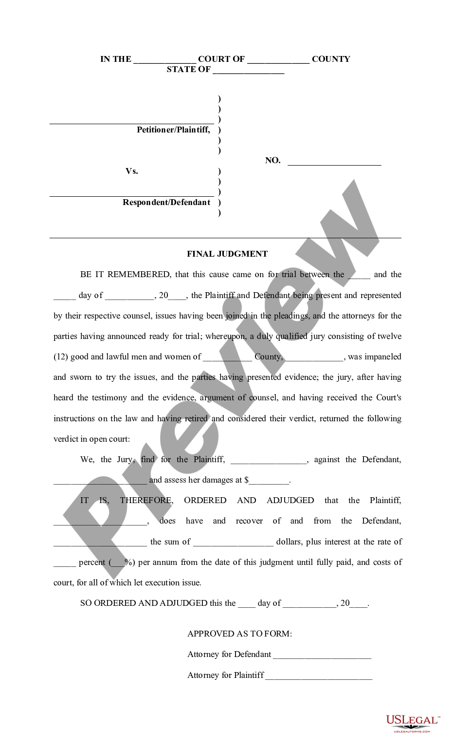 form Final Judgment in favor of Plaintiff preview