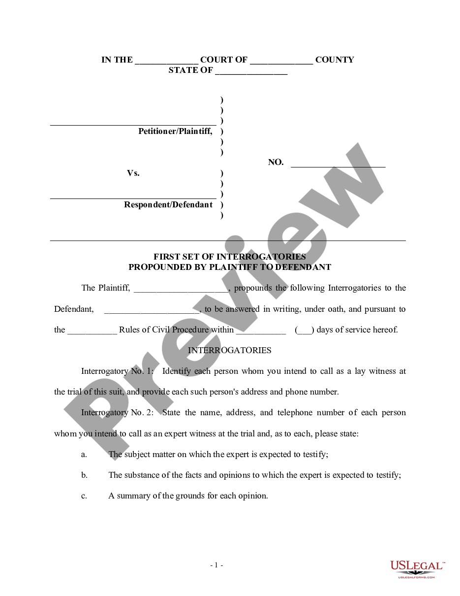 form First Set of Interrogatories Propounded by Plaintiff to Defendant preview