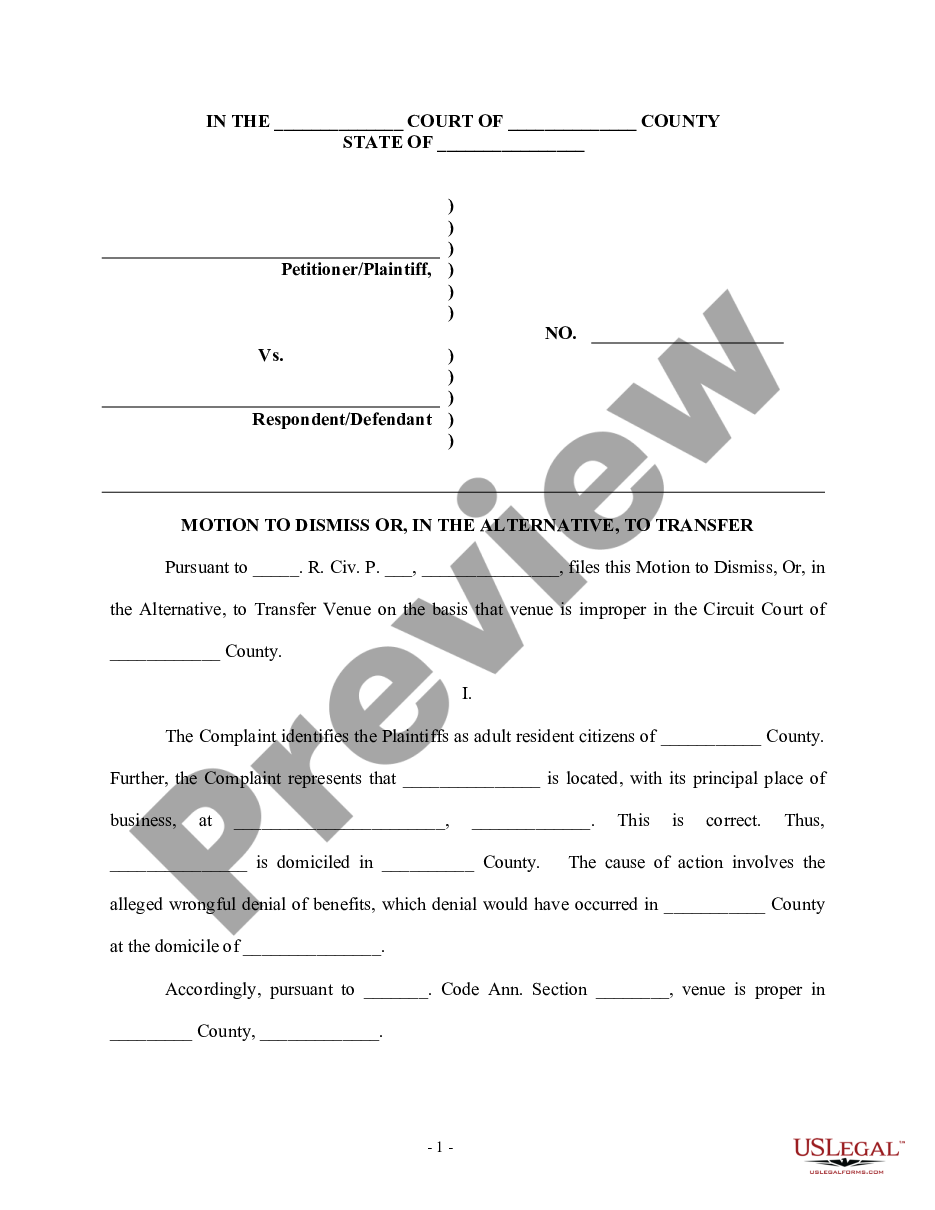 form Motion to Dismiss or Transfer - Civil Trial preview