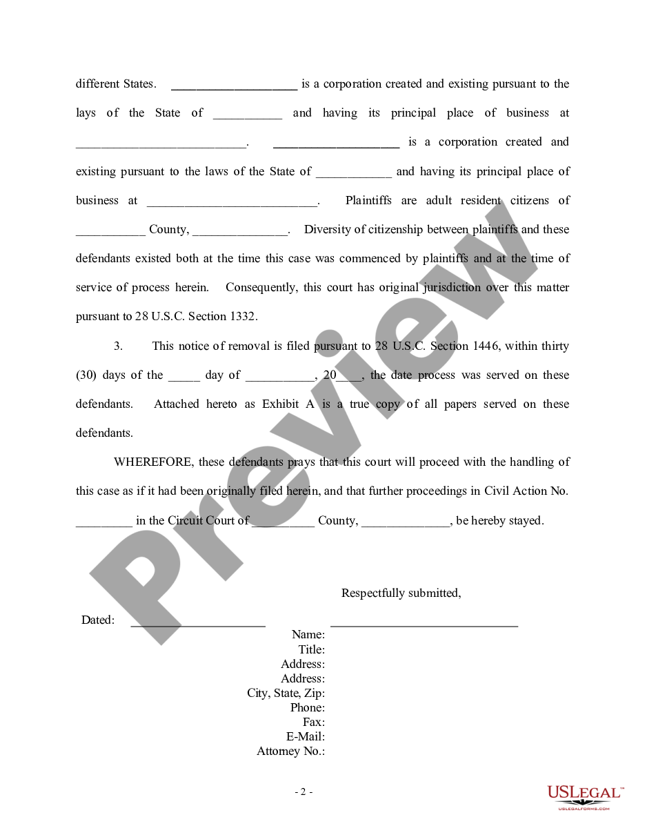 form Notice of Removal to Federal Court - Personal Injury Action preview