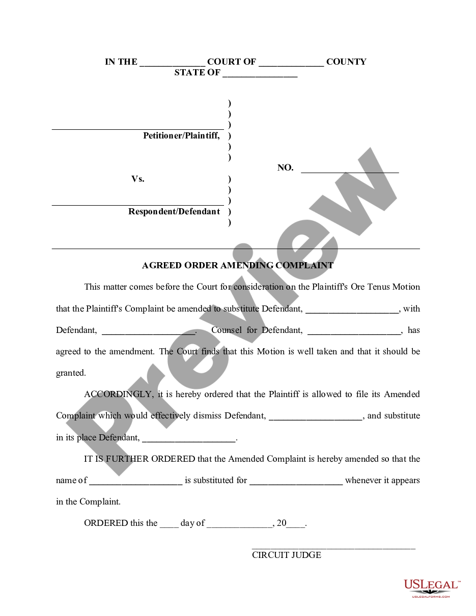 form Agreed Order Amending Complaint - Personal Injury preview