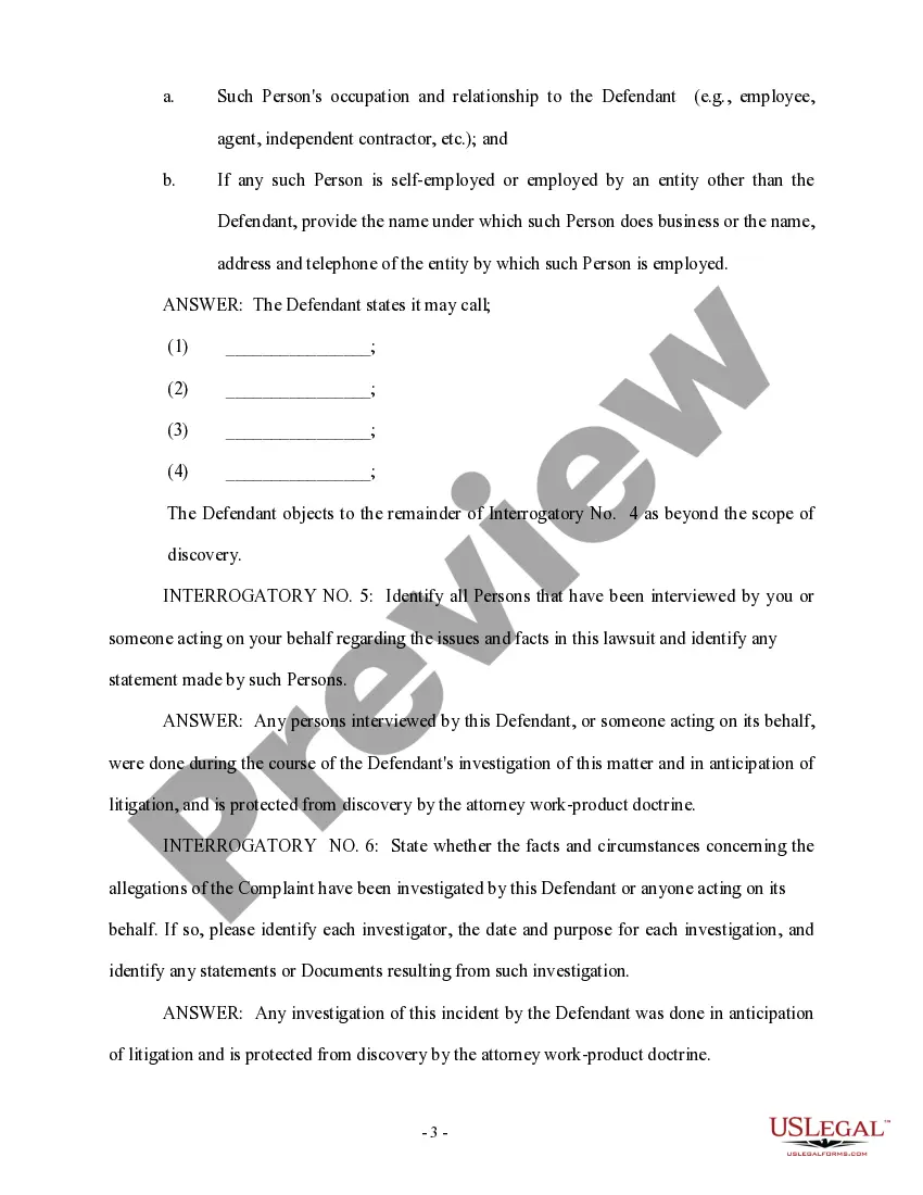 Preview Defendant's Answers to Plaintiff's First Set of Interrogatories and Requests for Production of Documents