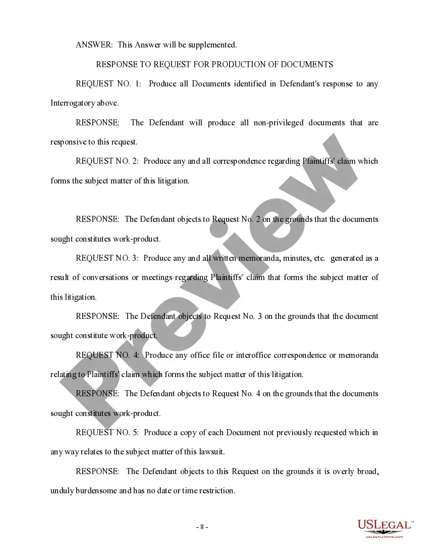 Preview Defendant's Answers to Plaintiff's First Set of Interrogatories and Requests for Production of Documents