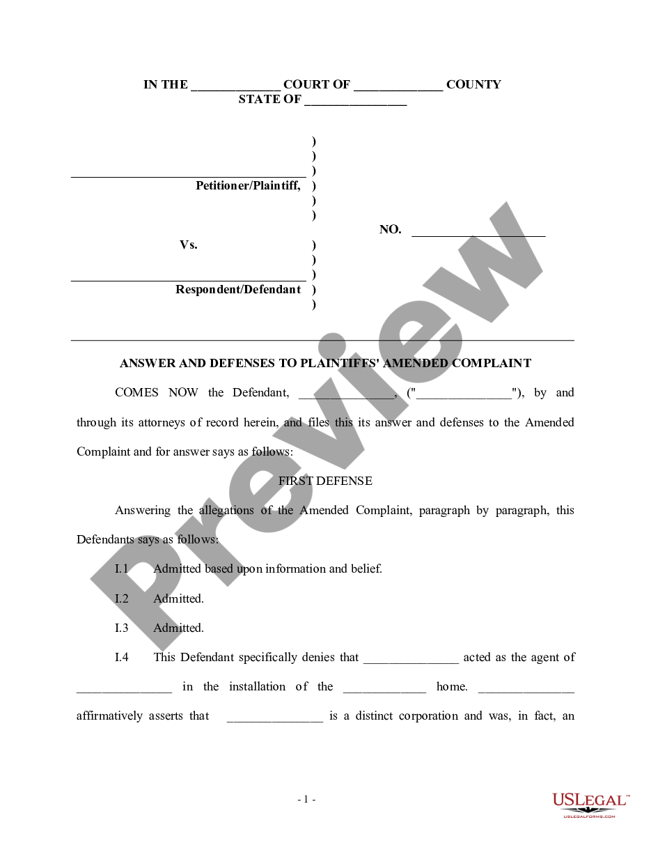 page 0 Answer and Defenses to Amended Complaint preview